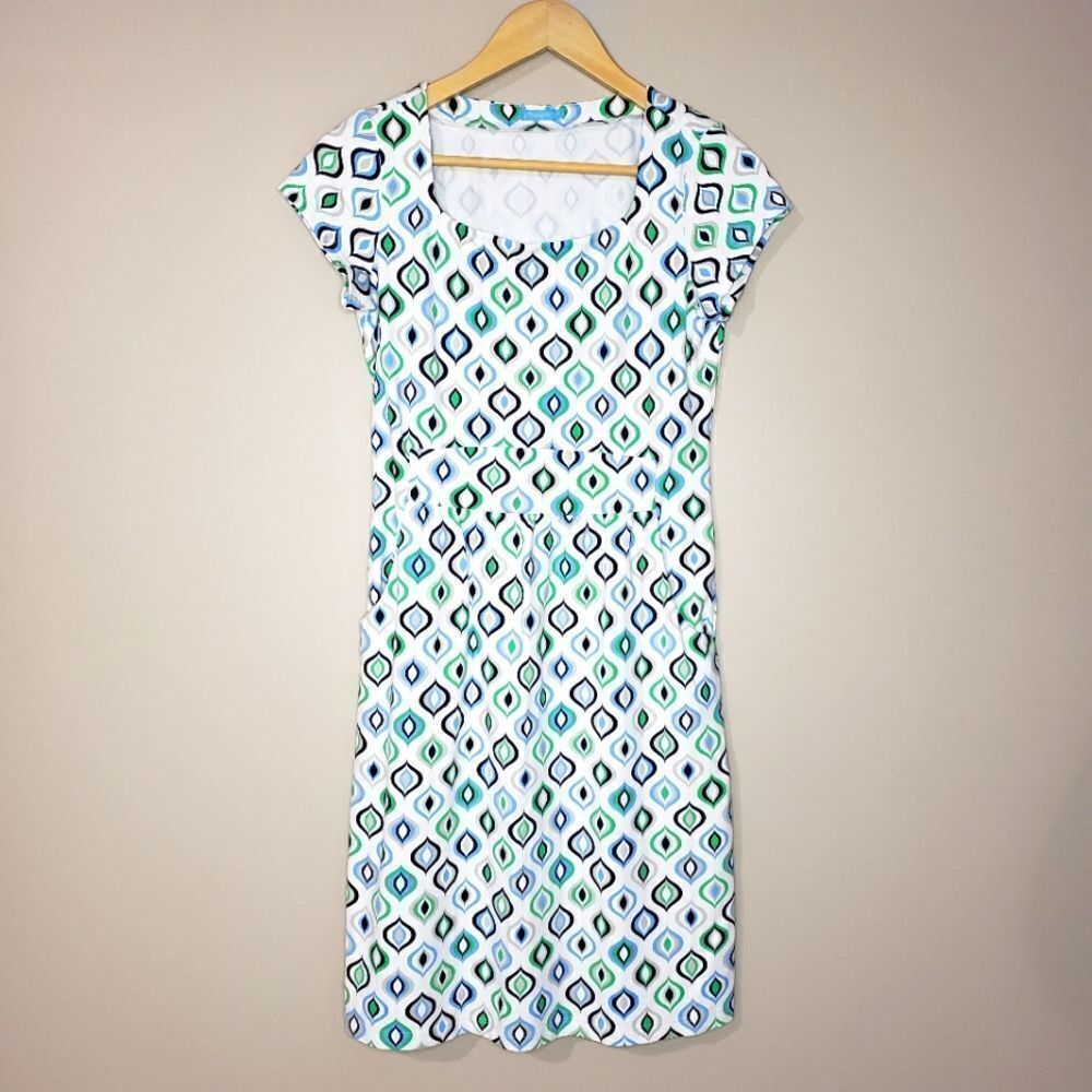 J. McLaughlin XSmall Blue Green Print Scoop Neck Mini Dress with Pockets